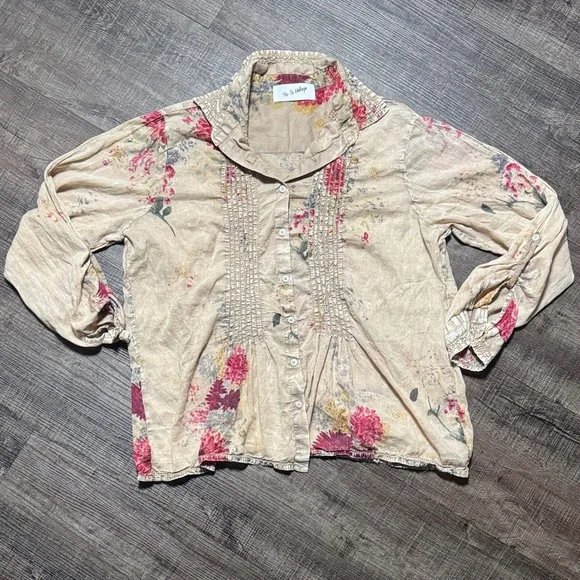 Floral Button-Down Shirt in Cream and Pink - Picture 1 of 9